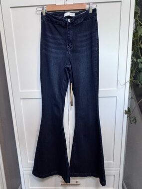 Kancan Women Jeans 7/27 Jainey High Rise Flare Dark Wash Hippie Boho Cowboy Bell